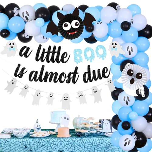 Halloween Baby Shower Party Decorations for Boys Blue A Little Boo is Almost Due Banner Garland Ghost and Bat Paper Fan for Halloween Pumpkin Baby Shower Pregnancy Celebration Gender Reveal