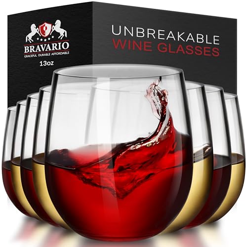 Image of Bravario Unbreakable Stemless Plastic Wine Glasses | Reusable | Shatterproof 100% Tritan Plastic | Dishwasher-Safe | BPA-free | Awesome for Indoor & Outdoor | 13 oz, Set of 8
