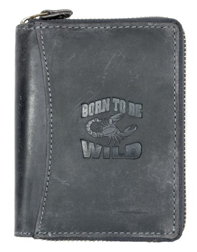 Born to be Wild Large Zip-around (zipper around) Dark Grey Genuine Leather Wallet with Scorpion