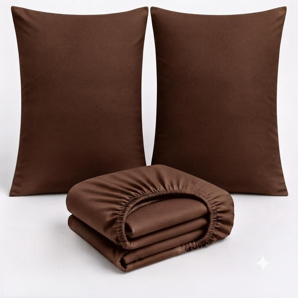 3 Piece Cotton Bedding Set UK – 200 Thread Count Deep Fitted Sheet 25cm with 2 Pillowcases, Soft Breathable Hotel Quality Bed Linen, Elasticated, Brown, Double