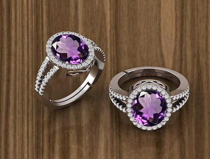 Image of LMDPRAJAPATIS 11.25 Ratti 10.50 Carat Original Amethyst (Katela) Gemstone Silver Adjustable Ring For Men And Women