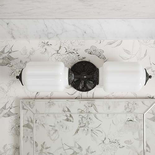 Image of Vintage Milk Glass Bathroom Vanity Light - 2-Light Wall Sconce with Brass Finish Base & Green Glass Shade - Wall Sconce Lighting for Mirror, Kitchen, Living Room, Gallery (Bulbs Included) (white)
