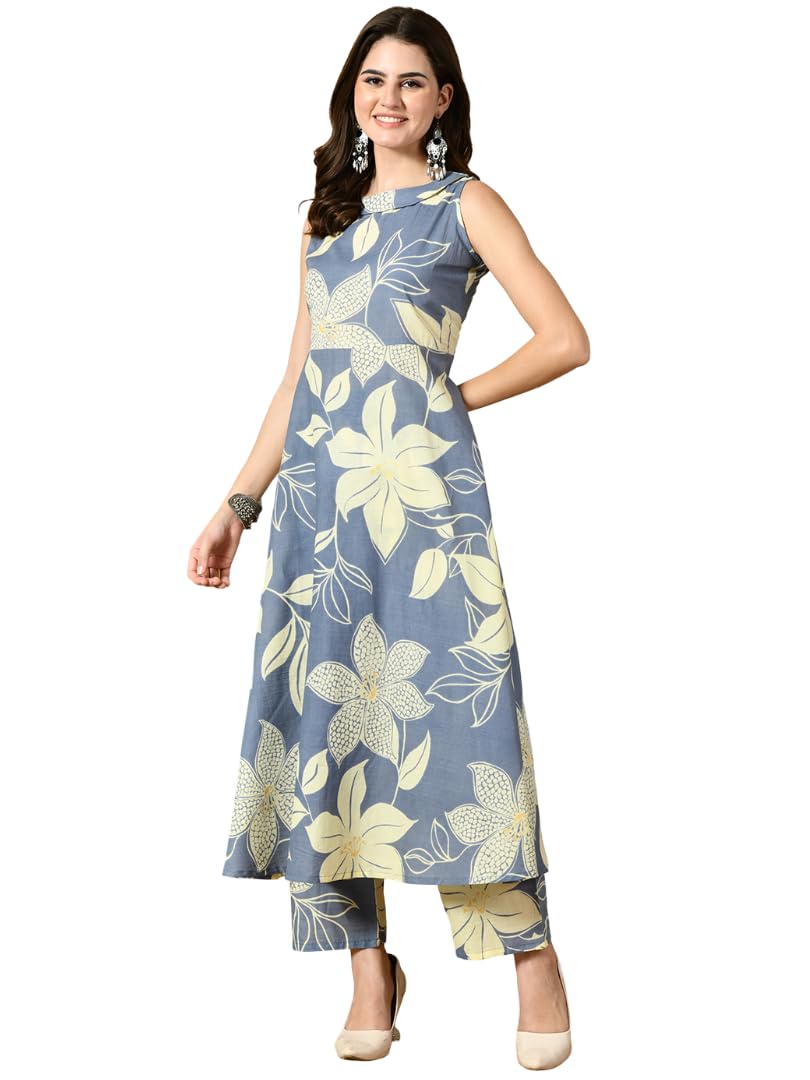 Women Rayon Anarkali Kurta Pant Set | Floral Printed Ethnic Kurta Set | Sleeveless Flared Anarkali Kurta with Pant | Casual-image-15