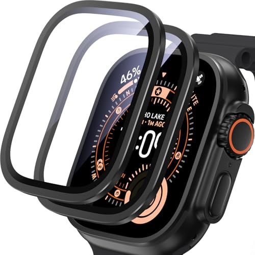 UniqueMe for 2 Pack Apple Watch Ultra 3 / Ultra 2 / Ultra 49mm Screen Protector - 9H+ Tempered Glass Titanium Alloy Metal Bezel [Keep Original Color][No-Delay] Clear Film for iWatch 49mm - Black