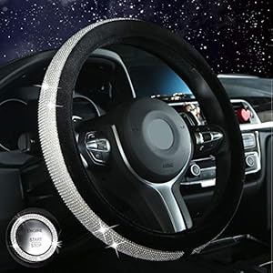 Diamond Bling Steering Wheel Cover for Women Girls, Car Crystal Sparkly Leather Steering Wheel Protector Interior Accessories (Black, Standard Size[14 1/2''-15''])