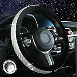 Diamond Bling Steering Wheel Cover for Women Girls, Car Crystal Sparkly Leather Steering Wheel Protector Interior Accessories (Black, Standard Size[14 1/2''-15''])