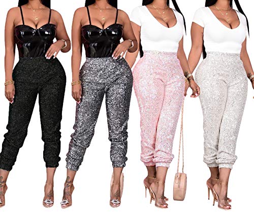 Salimdy Womens Glitter Sequin Joggers Pants High Waist Stretchy Hip Hop Club Wear Shiny Trousers Gray #TOP2