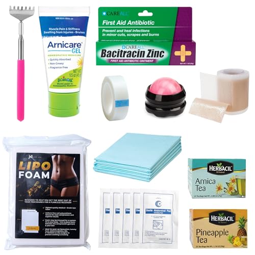 Lipo Surgery Recovery Kit (21 Piece Set) - Liposuction Recovery Supplies Post Surgery Care | 360 Massage Roller ABD Pads Lipo Foam Scar Tape Bromelain Arnica Teas & More
