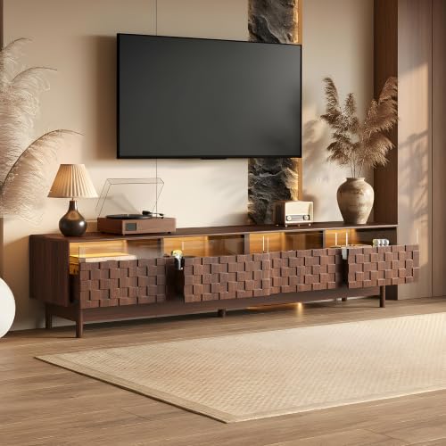 Image of Merax 78 inch TV Stand for TVs Up to 85 inch, Modern Entertainment Center with LED Lights, 4 Drawers & Glass Front, Media Console with Unique Mosaic Front Design for Living Room