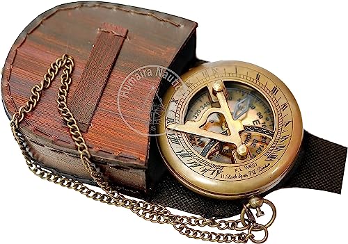Brújula de brújula de sol de latón con estuche de cuero y cadena miniatura 5