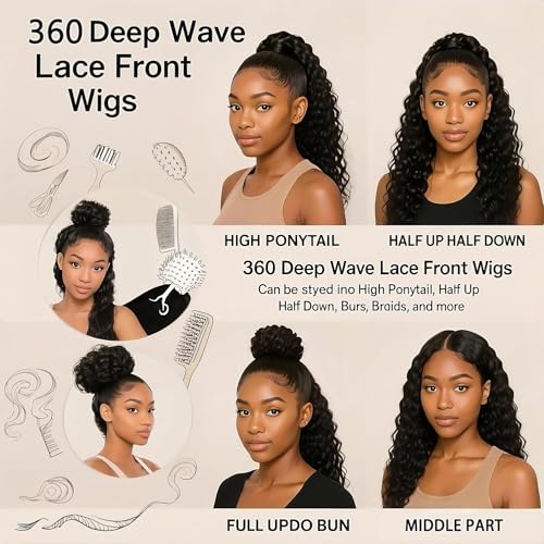 360 Lace Front Wig Human Hair Deep Wave – Pre-Cut HD Transparent Lace, Hidden Strap Glueless Wig with Drawstring, Pre-Plucked Bleached Knots, 18 Inch Wet & Wavy 180 Density for Black Women - Image 5
