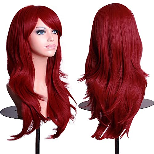 colorfulpanda 28" 70cm Long Curly Wavy Hair Ends Costume Cosplay Wig Anime Halloween Costume Party Full Synthetic Wigs for Women (Dark Red)