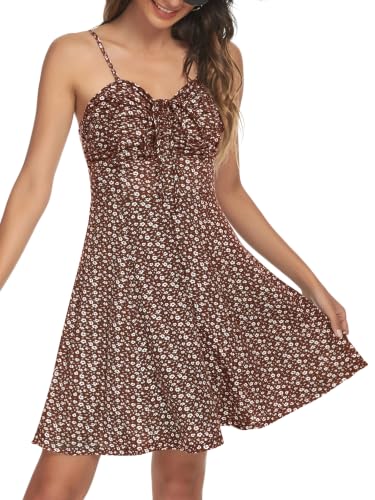 Image of Missufe Spaghetti Strap Floral Mini Dress Women's Casual Ruched Front Drawstring Swing Sundress