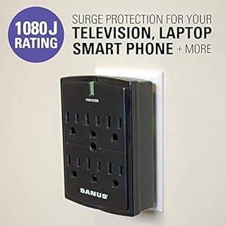 SANUS On-Wall Low Profile 1080J Fireproof Surge Protector with 6 AC Outlets & 3 Lines of Protection - Includes Power Signal Filtering Black
