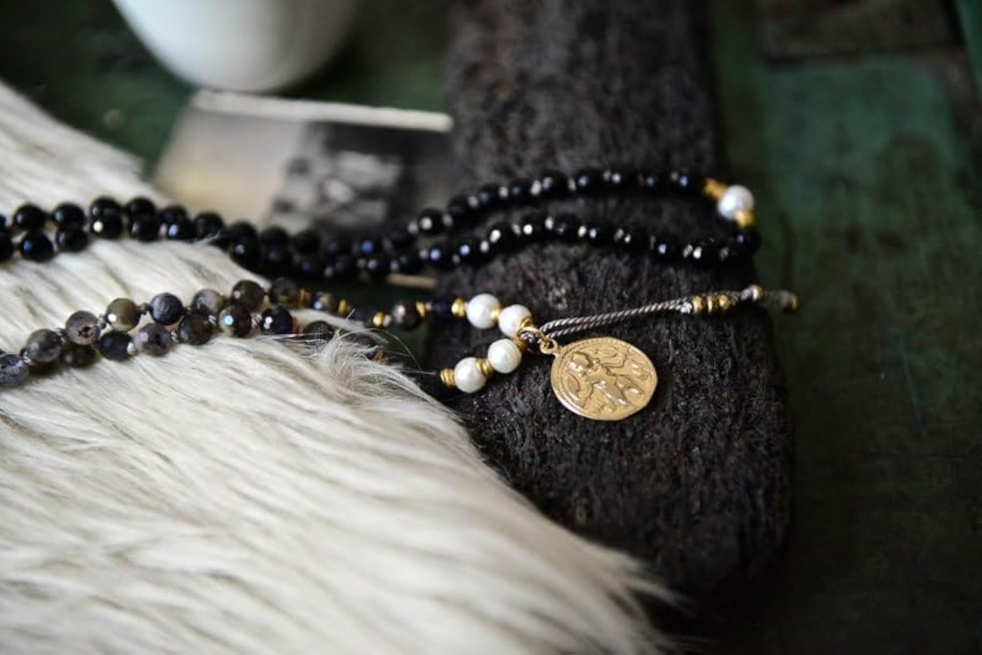 Natural Iolite & Freshwater Pearl Beaded Handmade Prayer Mala Necklace