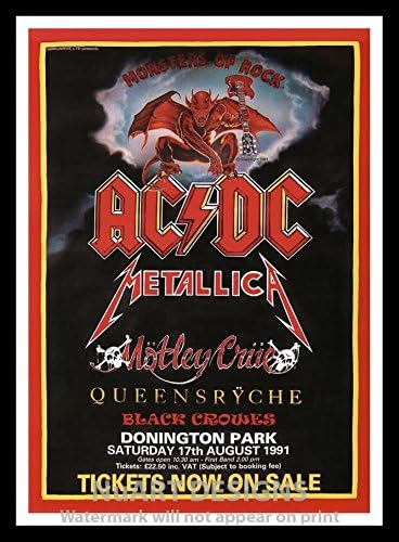 Framed Vintage Rock 'n' Roll Reproduction Poster MONSTERS OF ROCK - AC/DC, METALLICA, MOTLEY CRUE; Poster size 12 x 18.