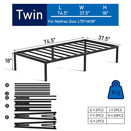 Vengarus 18 Inch Twin Platform Bed Frame,Steel Slat Support,No Box Spring Needed,Easy Assembly,Underbed Storage Non-Slip Mattress Foundation-Twin Size Bed Frame,Black #TOP1