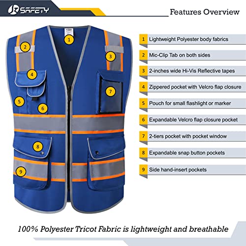 Image of JKSafety 9 Pockets High Visibility Zipper Front Safety Vest | Blue with Dual Tone High Reflective Strips | Meets ANSI /ISEA Standards (901-Blue, 3X-Large)