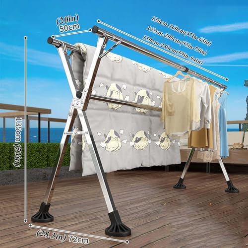 Stainless Steel Laundry Drying Rack, Foldable Clothes Drying Rack, Heavy Duty Clothing Drying Rack, Length Adjustable Garment Rack, with Windproof Hooks, Free of Install