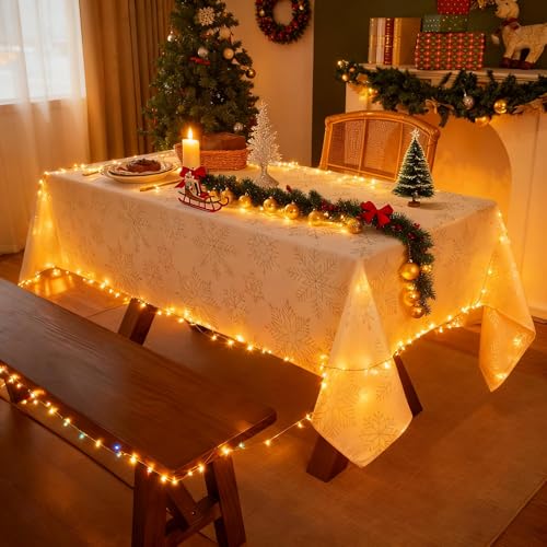 MikiUp Jacquard Rectangle Christmas Tablecloth - Xmas Snowflakes Glitz Metallic Fabric Table Cloth, Waterproof and Washable Holiday Decorative Table Cover for Party, White 60 x 84 Inch by MikiUp - Image 6