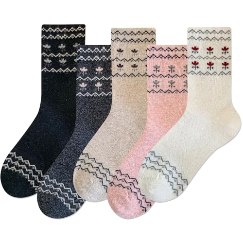 Image of IIG 5 Pairs Women's Vintage Style Thick Wool Warm Winter Crew Socks