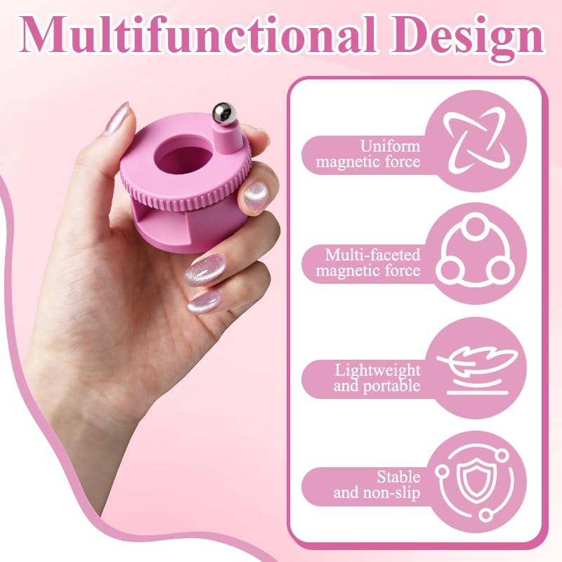 Rotating Cat Eye Magnet for Nail Polish, 360°Automatic Cat Eye Magnet Tool with Strong Magnet for Cat Eye Gel, Glass Bead Nail Magnet, Magnetic Nail Tool for DIY Nail Art & Salon Use (Pink)