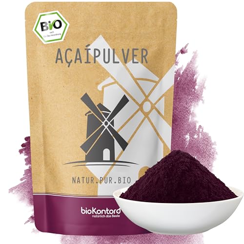 bioKontor – Bio Acai Pulver 100g – Acai Beeren gefriergetrocknet als Pulver – Pulver fein gemahlen – Acai Berry Powder für Smoothies, Bowls & Getränke – naturbelassen vegan – deutsche Handabfüllung