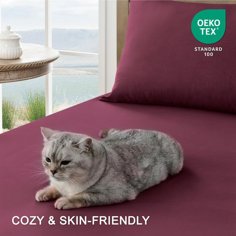 Image of FreshCulture Twin Bed Sheets - Ultra Soft Sheets for Bed - Brushed Microfiber - Deep Pockets - Easy Care - Cooling & Breathable Sheet - Hotel Quality Twin Size 3 Piece Sheet Set (Burgundy)