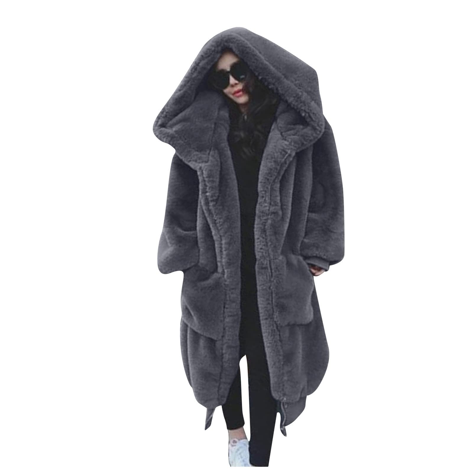 Plüschjacke Damen Lang - Teddy Kapuzenmantel Winter Warm Kapuzenjacke