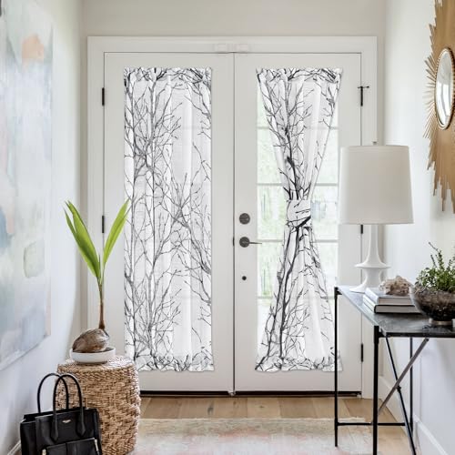 Image of FMFUNCTEX Black Sidelight French Door Panels 72 Inches Long White Semi-Sheers, Morden Tree Branch Print Curtains for Glass Doors Tieback Included 2 Panels
