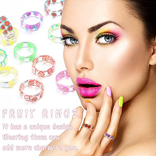 24 Pieces Resin Fruit Rings Set Cute Finger Rings Plastic Resin Ring Colorful Rings Fruit Ring Jewelry For Women And Teen Girl #TOP6