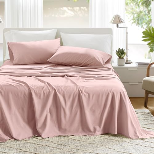Comfort Spaces 100% Cotton Sheets Full, Breathable & Ultra Soft Cotton Sheets, Naturally Cool Cotton Bed Sheets with 14" Elastic Pocket Fits up to 16" Mattress, All Seasons Sheet Set, Pink 4 Piece