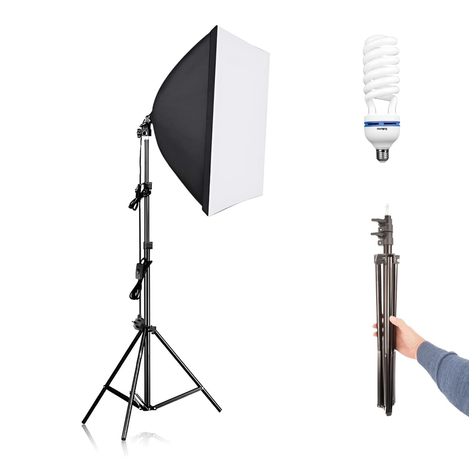 BOLLUMA Photography Softbox Lighting Kit with 200cm Light Stand, 150W 5500K Light Bulb, 50x70cm Soft Box with Bulb Socket for Photo Studio Video Shooting Portrait Continuous Lighting Kit