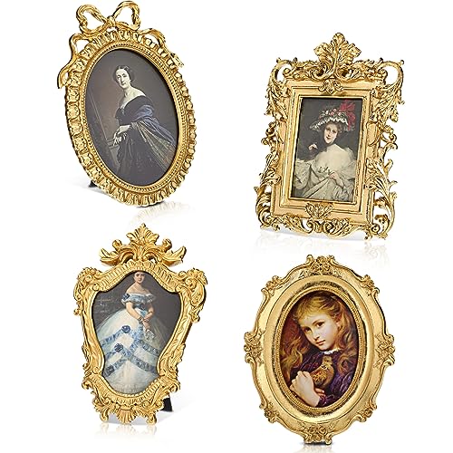 Geetery 4 Pcs Gold Vintage Picture Frames Set Antique Picture Frame Small Mini Luxury Ornate Oval Circle Rectangle Wall Hanging Decor for Gallery Wall Photo Display Tabletop Home Decoration