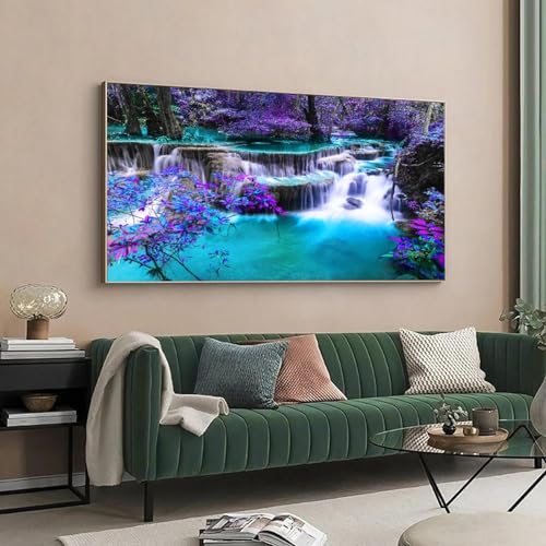 Peinture sur toile cascade turquoise et violette 60x90cm sans cadre pour salon
