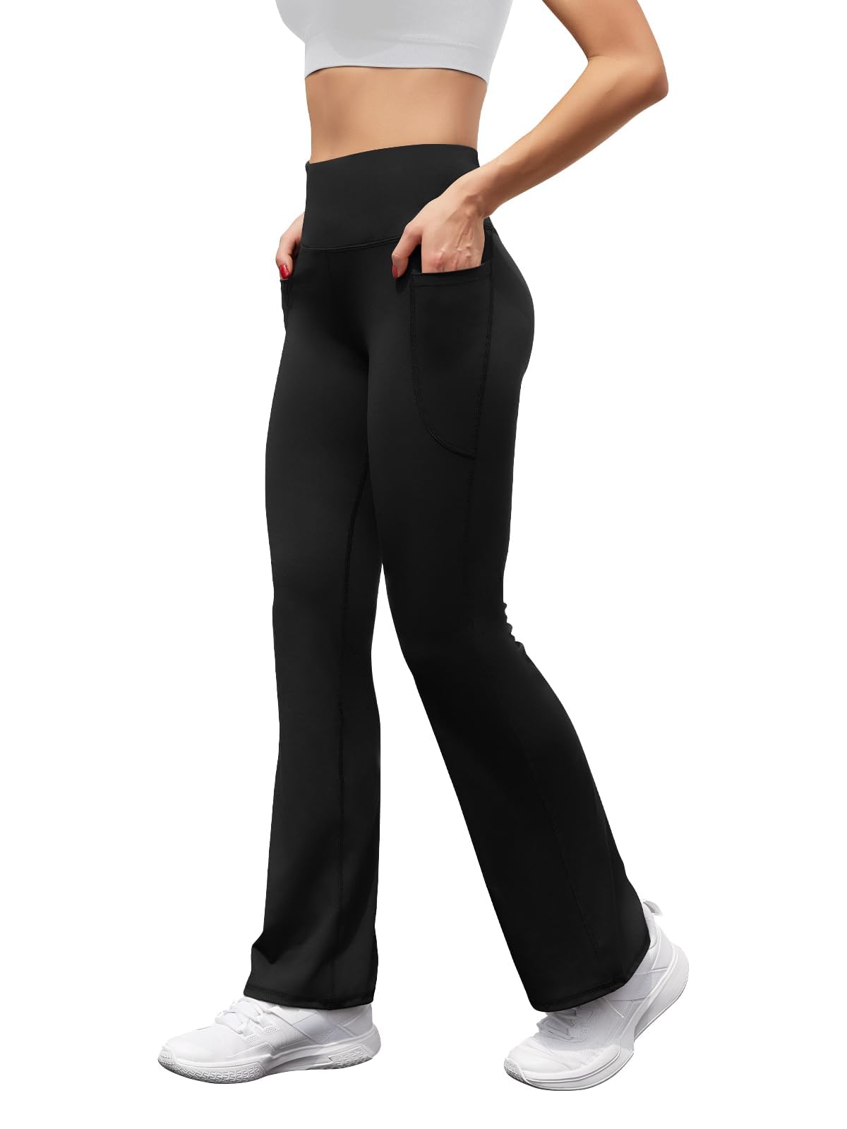 Glacspyg Damen Hose mit Taschen Yogahose Freizeit Jogginghose High Waist Sporthose Elastische Weite Bootcut Jazzpants