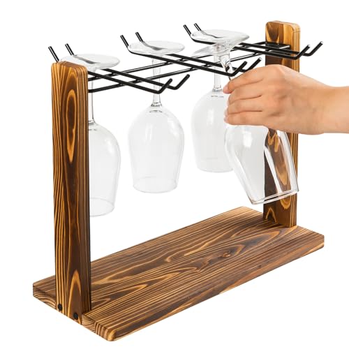 ExoLiry Rustic Wine Glass Hanging Rack Torched Brown Wooden Matte Black Metal Wire 6-Slot Drinking Glassware Holder Champagne Flutes Counter Top Tabletop Drying Displaying Kitchen Bar Dining Table