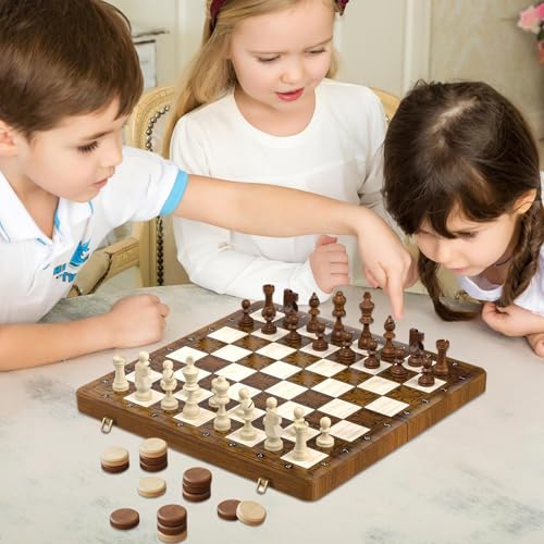 Jeu d'échecs magnétique en bois pliant avec jeu de dames interactif