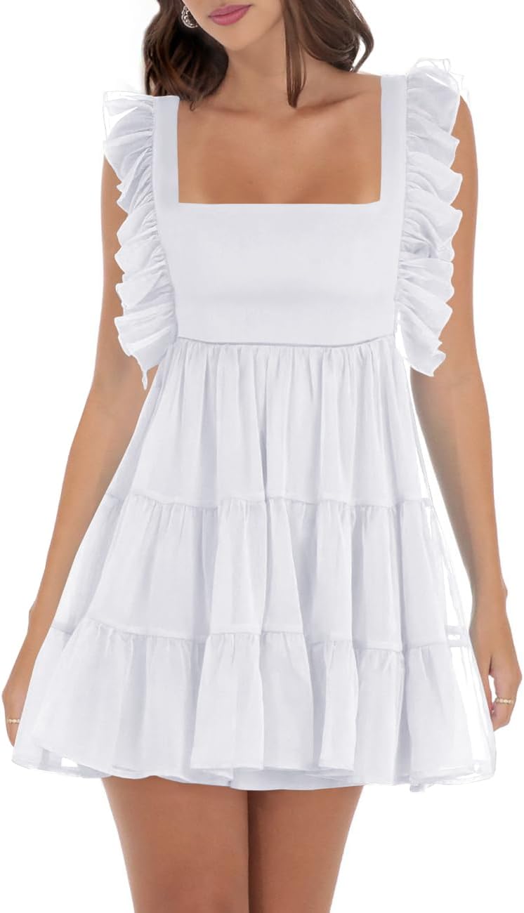 Women’s Summer Square Neck Tie Back Ruffle Sleeve Tiered Casual A-Line Short Mini Dress - Image 5