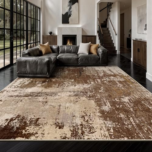 8x10 Rugs for Living Room - Modern Abstract Low Pile Washable Rug, Ultra Soft Non Slip Large Rugs, Floor Carpet for Bedroom Dining Room Office Laundry Nursery Home(Brown)