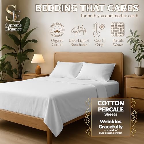 SUPREME ELEGANCE Organic 100% Cotton Queen Sheet Set, 18” Deep Pocket, Snow White | Lightweight, Eco-Friendly Cotton, Percale Softness, Durable & Breathable, Naturally Cooling | All Season Comfort