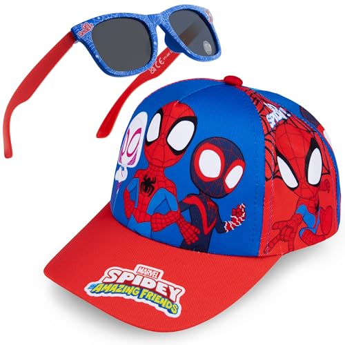 Get Trend Marvel Spidey Baseball Cap and Kids Sunglasses Set Breathable Adjustable Sun Hat 100% UV Summer Accessories Set Vacation Essentials Boys Gifts (Red/Blue Spidey)