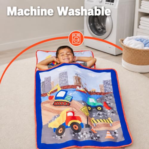 Image of EVERYDAY KIDS Toddler Nap Mat with Removable Pillow -Under Construction- Carry Handle with Fastening Straps Closure, Rollup Design, Soft Microfiber for Preschool, Daycare, Sleeping Bag -Ages 2-6 years