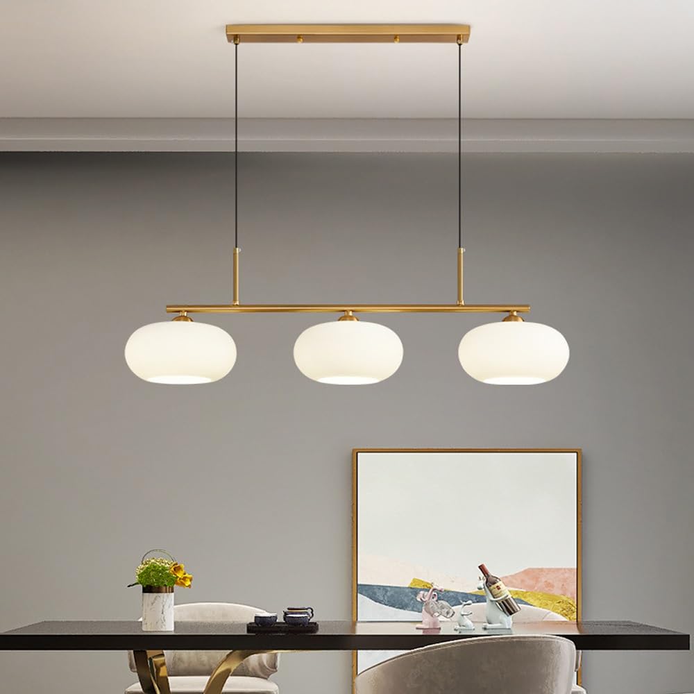 Lustres Créative Wabi-Sabi Style Scandinave Lampe À Suspension Abat-jour Verre Laiteux Suspendue 3 Flammes E27 Réglable En Hauteur Salle Manger Pendentif Salon Chambre À Coucher Plafonnier(Gold)