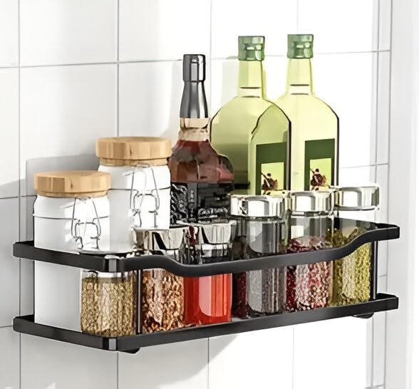 KYMIO Metal Wall Mounted Black Bathroom Shelf Organizer No Drill Shower Caddy for Toiletries, Rustproof Storage Rack with Hooks for Shampoo, Soap, Toothbrush Adhesive Bathroom Rack for Tile Walls (1) - Image 7 thumbnail