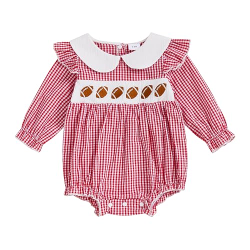 Newborn Baby Girl Football Outfit Embroidery Smocked Bubble Romper Long Sleeve Bodysuit Fall Clothes