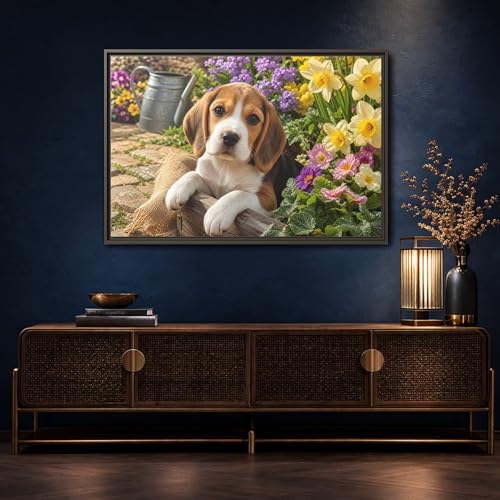 Toile Beagle réaliste pour égayer un mur vide, cadre noir 90x60 cm