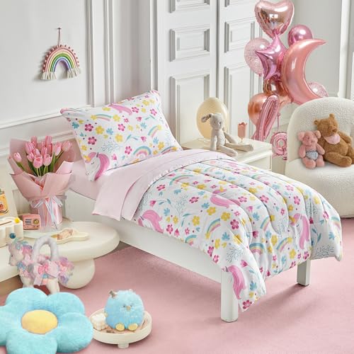Image of Unicorn Toddler Bedding Set for Girls Light Pink Unicorn Flowers 4PC Toddler Bed Set - Soft Blue Yellow Floral Rainbow Cute Princess Toddler Bed in a Bag with Pink Sheet Set and Pillow Shams