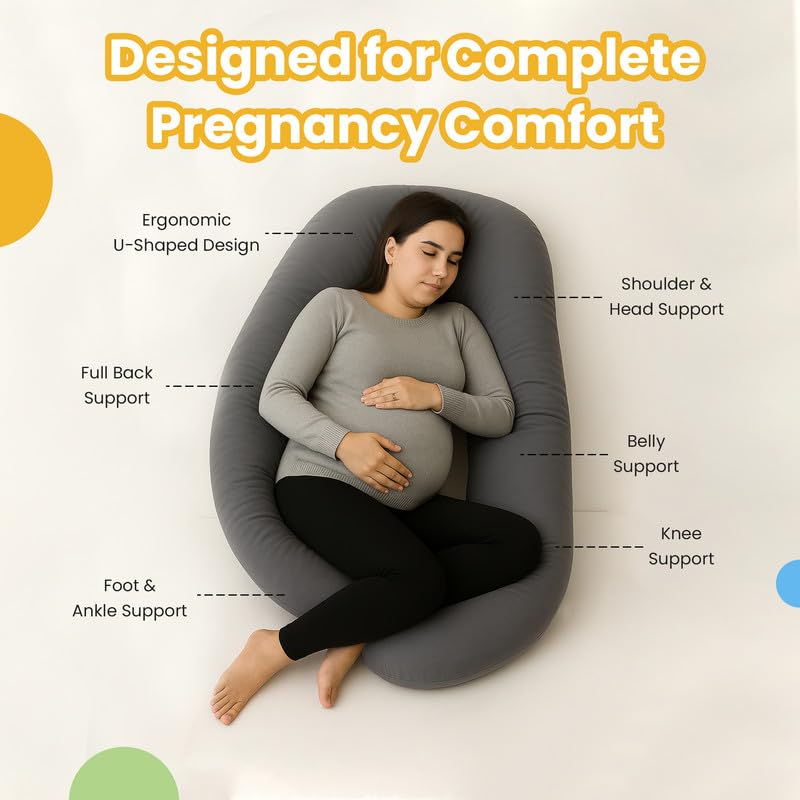 Image of Pregnancy Pillow for Women | Maternity Pillow for Pregnant Women & Newborn Feeding | Full Body Support for Back, Hips, Legs & Belly | Ergonomic Design | Polycotton Cover | Dark Grey