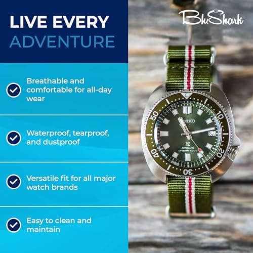 Image of BluShark - Original Collection Military-Style Waterproof Watch Strap, Fits All Timepiece Brands, Durable Nylon Wristwatch Accessories with Stainless Steel Buckle - 18mm, 20mm, 22mm & 24mm Watch Bands